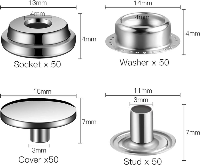 Moocci 200 Pieces (50Sets) Snap Fastener Kit Tool 5/8 inches (15mm) Snap Button kit Snaps for Leather Snap Fasteners Kit for Leather Stainless Snaps Button for Bag, Jeans, Clothes, Fabric (Silver) - Image 2
